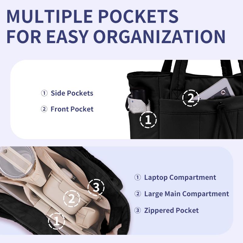 The tote's side pockets, front pocket, laptop compartment, main compartment and zippered pocket
